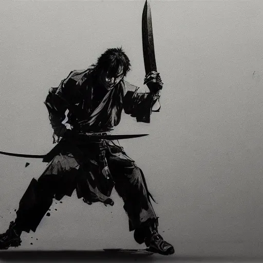 Image similar to splitting a bullet with a sword, samurai vs swat team hyperrealism yoji shinkawa