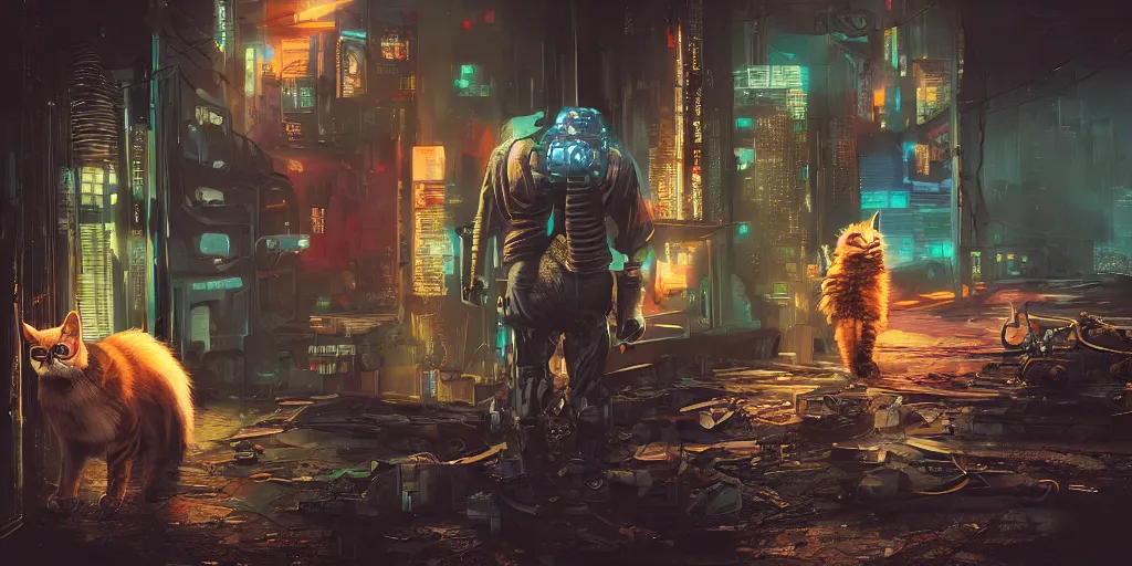 Image similar to cyberpunk cat and normal cat, brothers, fallout 5, studio lighting, deep colors, apocalyptic setting