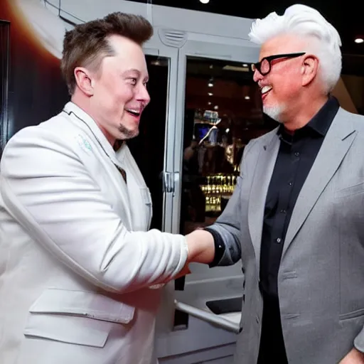 Image similar to photograph of Elon Musk shaking hands with Colonel Saunders in a grand opening of a KFC restaurant, high quality