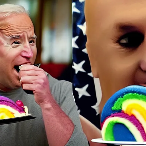 Image similar to obese joe biden eating rainbowcake