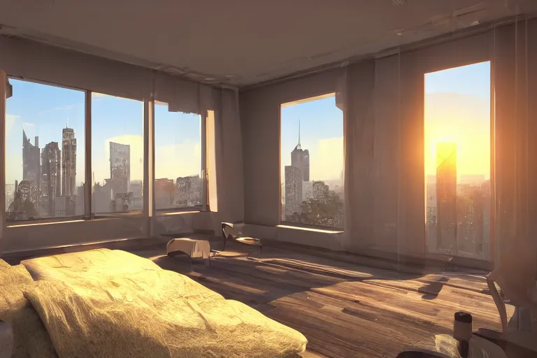 Prompt: a futuristic furnished bedroom with a large window at sunset, godrays, luxury furniture , white bed, complementary colors, warm lighting, path traced, highly detailed, high quality, concept art, 8k, calm, trending on Artstation, full of furniture