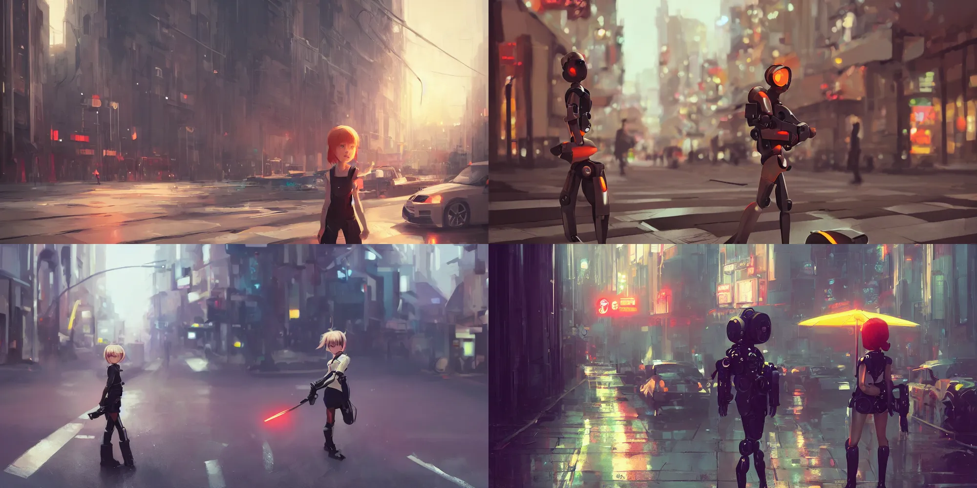 Prompt: worksafe. cgsociety, by wlop, ilya kuvshinov, trending on artstation. cute young robot girl patrolling the streets, cinematic dramatic atmosphere, sharp focus, volumetric lighting.