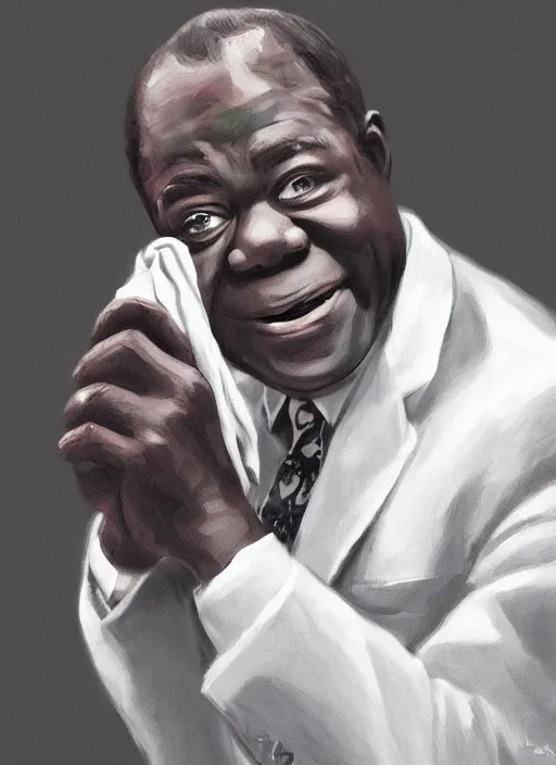 Image similar to a portrait of louis armstrong holding a white handkerchief, by tai - shan schierenberg, dramatic lighting, highly detailed digital painting