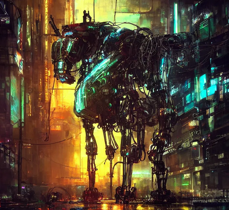 Prompt: robot cyborg unicorn, many wires and neon lights exposed, metal and glowing eyes, cyberpunk, highly detailed painting by jeremy mann and cd projekt red