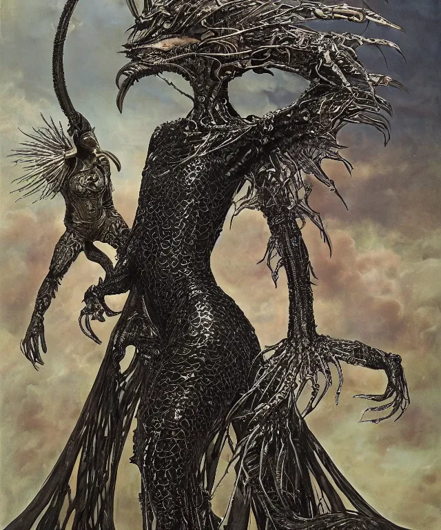 Prompt: a portrait photograph of a fierce sadie sink as a strong alien harpy queen with amphibian skin. she is dressed in a black lace shiny metal slimy organic membrane vest and transforming into an evil insectoid snake bird. by donato giancola, walton ford, ernst haeckel, peter mohrbacher, hr giger. 8 k, cgsociety