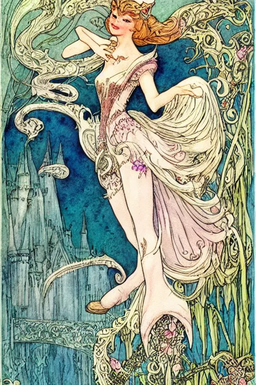 Prompt: puss in boots, fantasy art, trending on artstation, sleeping beauty fairytale, art by hans zatzka and walter crane and kay nielsen, watercolor illustration,