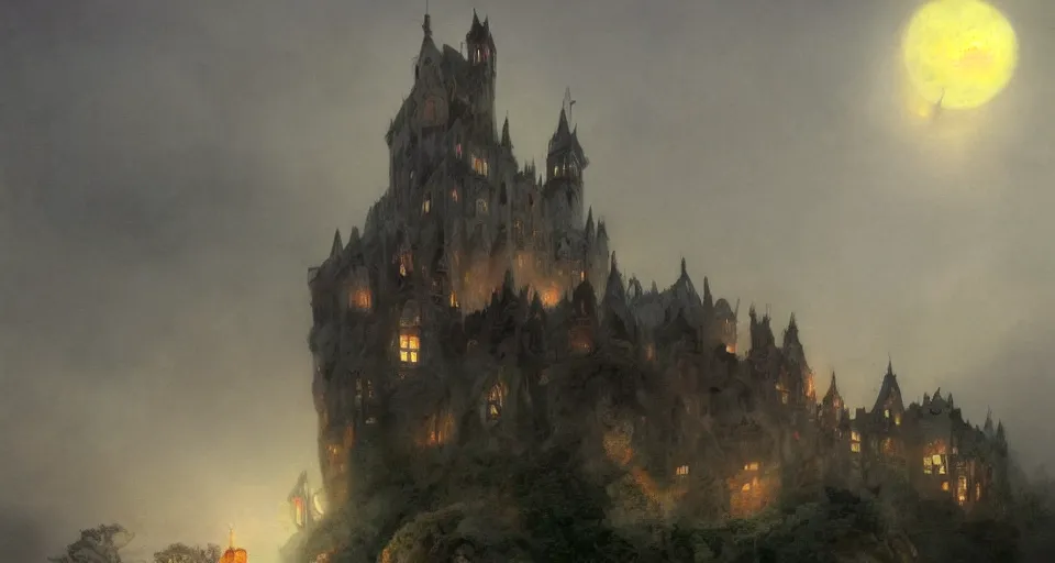 Prompt: an old castle rising up from the mist at night silhouetted by a single huge bloodmoon, anders zorn, stephen hickman, thomas kincade, brutalist, James Paick, Julian Falat, ultra realistic, trending on artstation, lava, dungeons and dragons, warm saturated colors, spooky, haunted