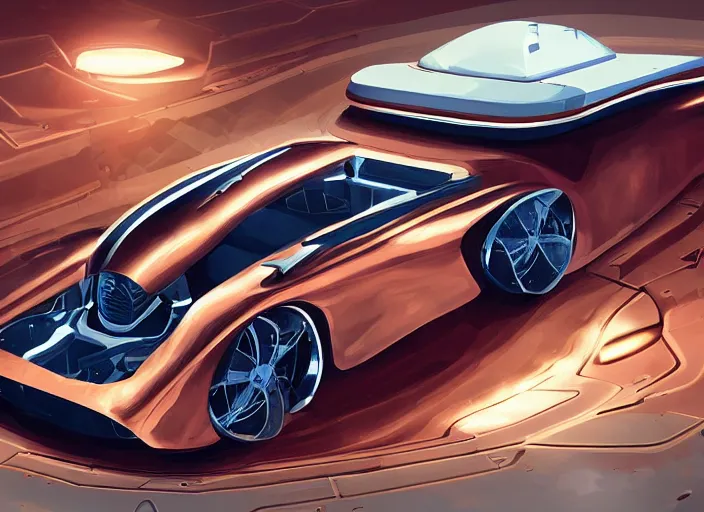 Prompt: an automobile with copper paint, in a studio, futuristic, art style by pablo carpio, car design by vergil exner, big engine and big wheels. full view, blank background.