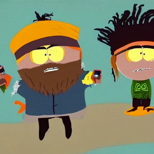 Prompt: a highly detailed painting of a boy with dreadlocks and a beard in the virtual reality of southpark, he does a lot of mischief and dances with the other members of the series