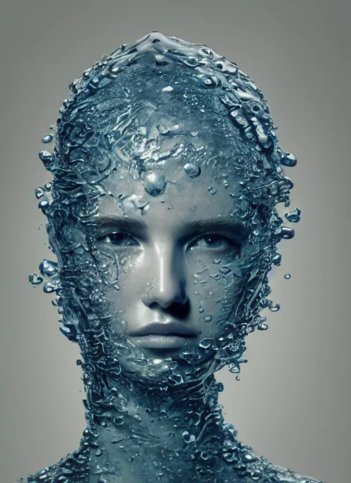 Image similar to sculpture made of water, portrait, future, shaman, harper's bazaar, vogue, magazine, underwater, blue, concept art, ornate, luxury, elite, elegant, trending on artstation, by ruan jia, by Kenneth Willardt, by ross tran, by WLOP, by Andrei Riabovitchev,