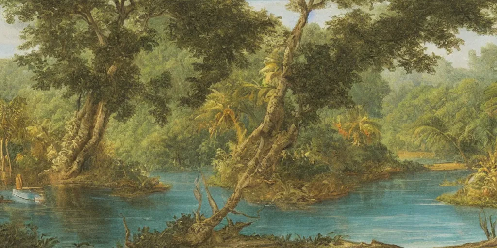 Image similar to painting of a river in the jungle with a small boat in the distance