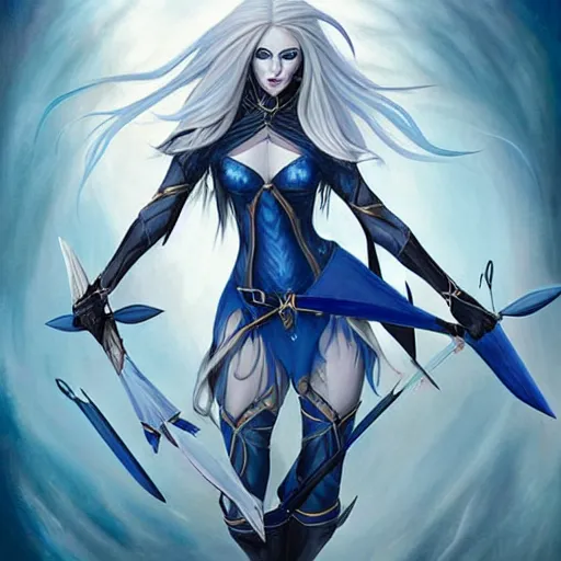 Image similar to a beautiful painting of a dark elf woman with long white hair wearing a blue outfit with a bow and quiver of arrows strapped to her back, piercing blue eyes by Raymond Swanland