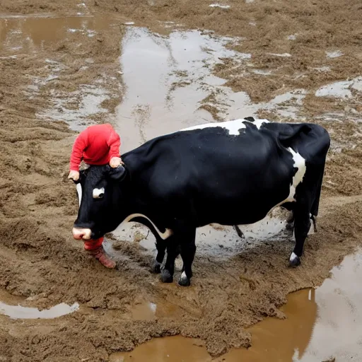 Image similar to a person in a cow costume, stuck in mud