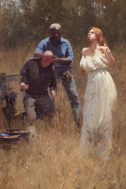 Image similar to Solomon Joseph Solomon and Richard Schmid and Jeremy Lipking painting full length portrait painting of a young woman working in the field