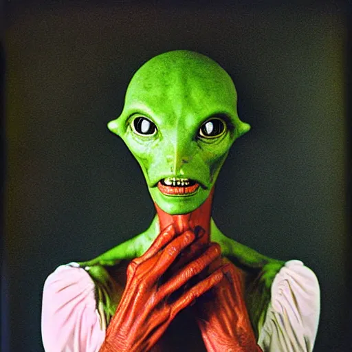 Image similar to portrait of an alien with Kodak professional porta 400 film stock, shot by Annie Leibowitz