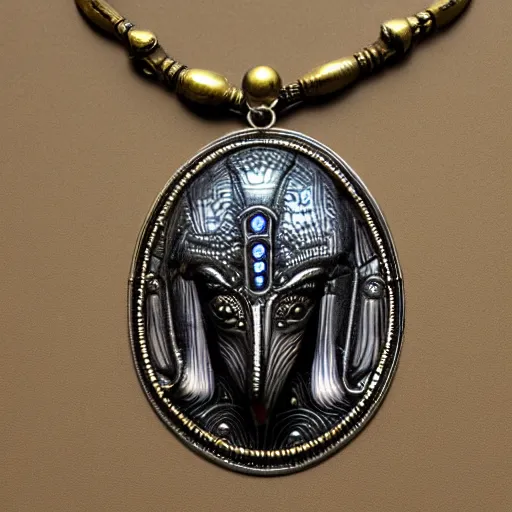 Prompt: artnouveau necklace of god horus giger and lalique style