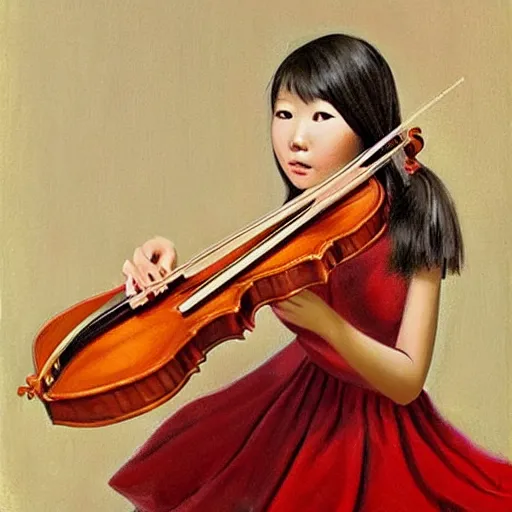 Prompt: cute asian girl playing the violin, focused, highly detailed, red dress