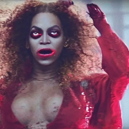 Prompt: Beyonce dancing thriller in zombie make up, realistic, music clip, good quality, horror, detailed