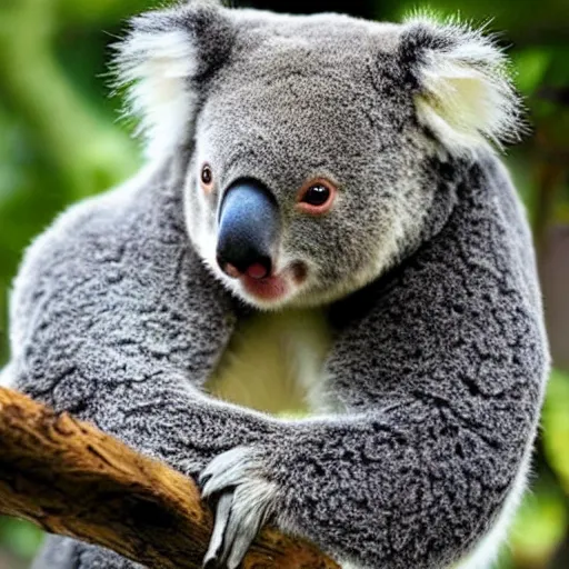 Image similar to Koala Bear, human facial features, fumanchu stache, fearsome stare