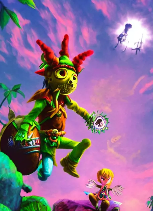 Image similar to skull kid from majoras mask floating in the air while looking at the viewer maniacally, legend of zelda fairy in the background, dramatic lighting, cinematic, film, dynamic pose, movie scene, colorful, dark art, concept art, 8K