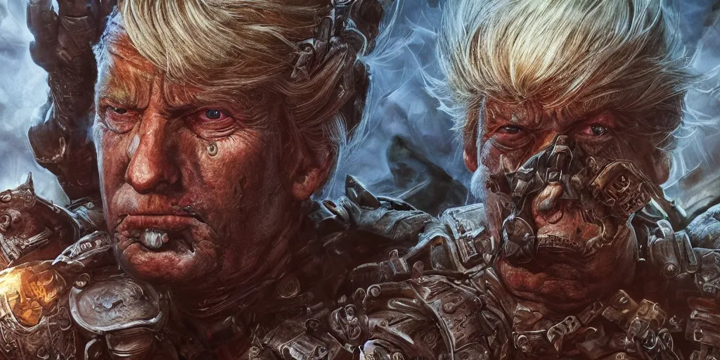 Image similar to hyperrealistic mixed media painting of Trump as a Diablo 2 character, stunning 3d render inspired art by P. Craig Russell and Barry Windsor-Smith, 8k octane beautifully detailed render, post-processing, extremely hyperdetailed, intricate, epic composition, grim yet sparkling atmosphere, cinematic lighting + masterpiece, trending on artstation, very detailed, masterpiece, stunning