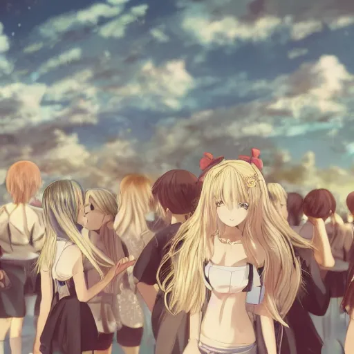 Image similar to a very beautiful anime girl, full body, long wavy blond hair, sky blue eyes, full round face, short smile, cute top, miniskirt, surround by a miniature crowd of people,wallpaper by wlop