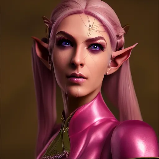 Prompt: portrait of a beautiful female high elf, tan skin, magenta eyes 3 d octane render trending on art station 8 k