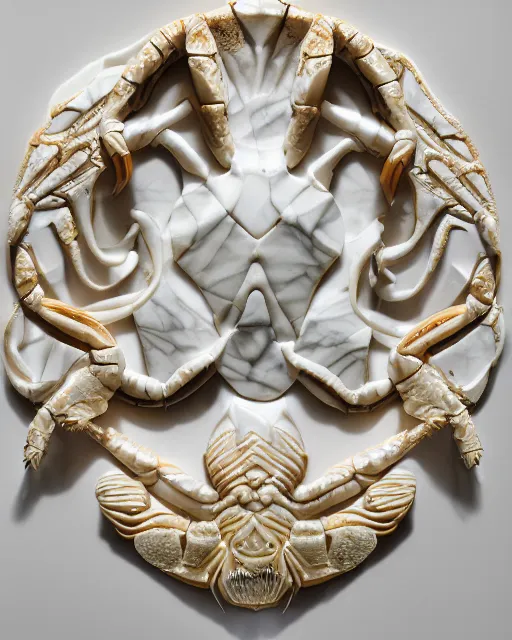 Image similar to white calacatta gold marble, white and gold kintsugi, bas relief carving, feminine shapes, crab shapes, spider shapes, scorpion shapes, tarantula shapes, stunning, highly detailed, intricately detailed, octane, 8 k, trending on artstation