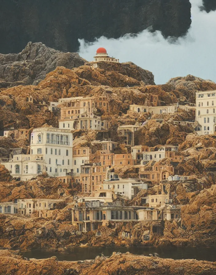 Prompt: a building in a stunning landscape by Wes Anderson