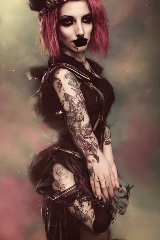 Image similar to Beautiful female, full body, Alice in wonderland, punk rock, piercings, tattoos, skirt, midriff, dramatic lighting, cinematic, establishing shot, extremely high detail, foto realistic, cinematic lighting, post processed, concept art, high details, cinematic, 8k resolution, beautiful detailed, photorealistic, digital painting, artstation, concept art, smooth, sharp focus, artstation trending, octane render, unreal engine