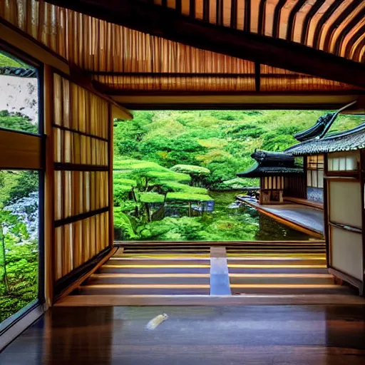 Image similar to inside a cozy dark wooden Japanese house with a indoor koi pond, bonsai trees, stream flowing through the house,fireflies, wild flowers, raining, bamboo forest, evening time, peaceful, calm, atmospheric