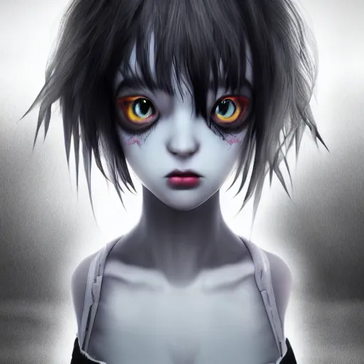 Image similar to photorealistic full shot portrait of angry darkness anime girl, dark look, inspired by Tim Burton, detailed, unreal engine 4k volumetric light, fog,