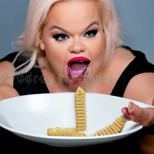 Image similar to trisha paytas eating screws out of a white bowl, stock photography