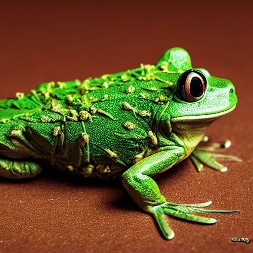 Image similar to beautiful bud of marijuana in a shape of a green frog, intricate details, weta 8 k hyper realistic detailed cinematic still