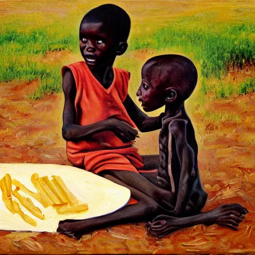 Image similar to oil painting of a malnourished ugandan boy sharing bread with a blond well fed child american, by kelly freas