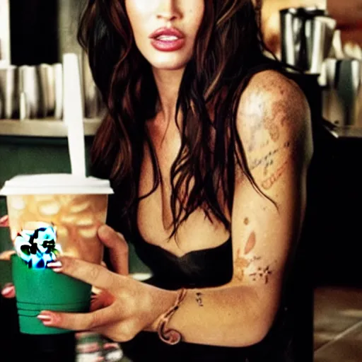 Image similar to Megan fox inside of Starbucks, vogue photograph