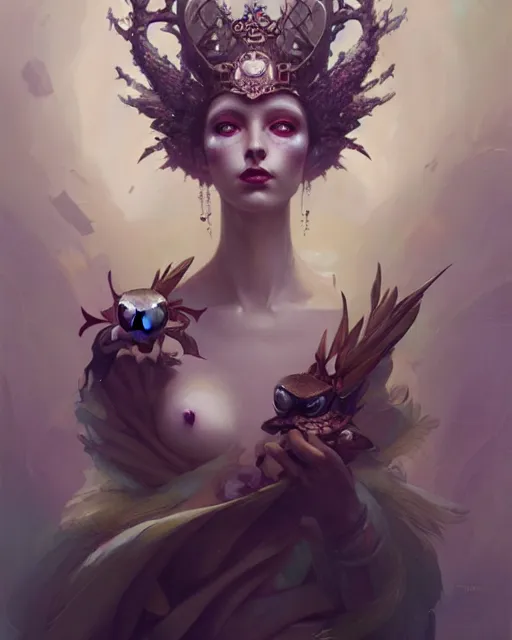 Image similar to a fantasy owl queen, beauty portrait by peter mohrbacher, tom bagshaw, greg rutkowski, wlop, ruan jia, opulent costume inspired by iris van herpen