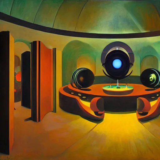 Image similar to three biomorphic robotic seers watchers oracles soothsayers with glowing eyes, inside a dome, pj crook, grant wood, edward hopper, syd mead, chiaroscuro, oil on canvas