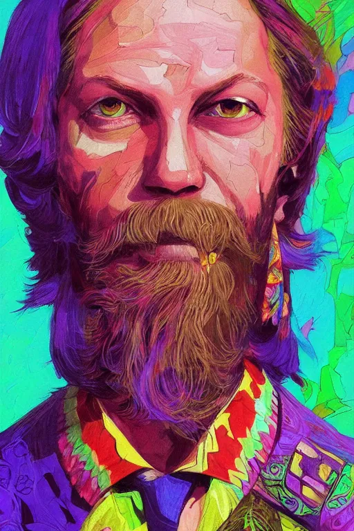 Image similar to a professional painting of Duane Allman, in brightly colored psychedelic shirt, long hair, beautiful bone structure, symmetrical facial features, intricate, elegant, digital painting, concept art, smooth, sharp focus, illustration, from StarCraft by Ruan Jia and Mandy Jurgens and Artgerm and William-Adolphe Bouguerea, epic, stunning, gorgeous, intricate detail, much wow, 4K, masterpiece, trending on artstation