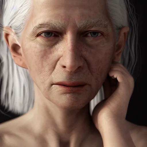 Image similar to cinematic photograph taken by annie leibovitz, hyper detailed, realistic female face and shoulders, white skin made from painted porcelain, white hair, fine facial features, white eyes and eyelashes, 8 k, 1 5 0 ml lens, elegant, white background pastel blue lighting, octane render, volumetric lighting