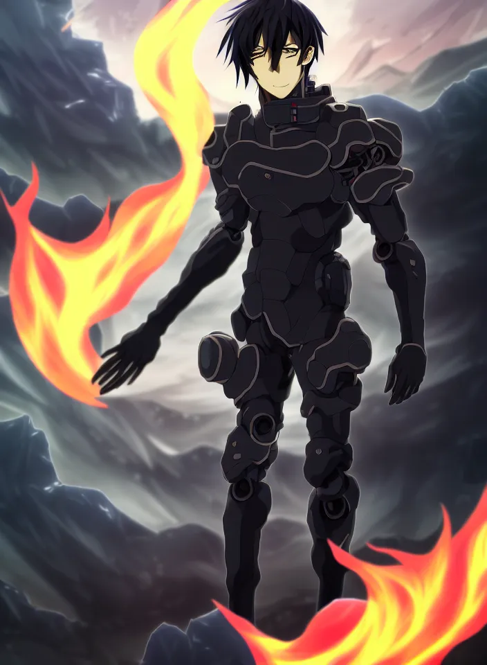 Image similar to a detailed anime character full body portrait of a dark haired cyborg handsome anime man surrounded by clouds of dark smoke and fire, trending on artstation, digital art, 4 k resolution, detailed, high quality, sharp focus, hq artwork, insane detail, concept art, character concept, character illustration, full body illustration, perfect anatomy, cinematic, volumetric lighting