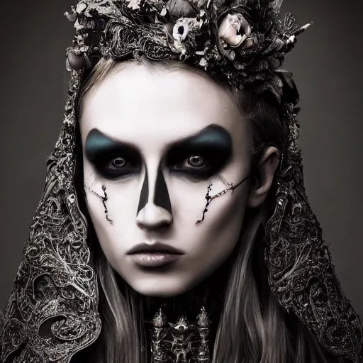Prompt: a portrait of female model by stefan geselle and nekro borja, half face mask, photorealistic, intricate details, hyper realistic, dark fantasy, ornate headpiece, dark beauty, photorealistic, canon r 3, photography, wide shot, photography, dark beauty, symmetrical features, wide angle shot
