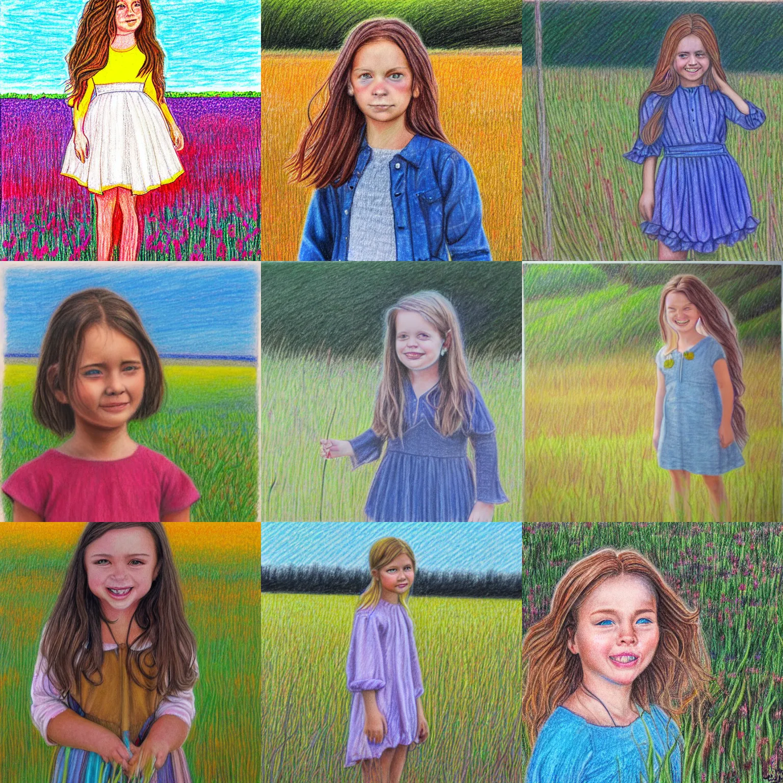 Prompt: portrait colored pencil drawing of girl standing in field looking at camera. happy, joy