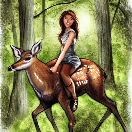 Prompt: girl riding a deer in the forest trending on art station