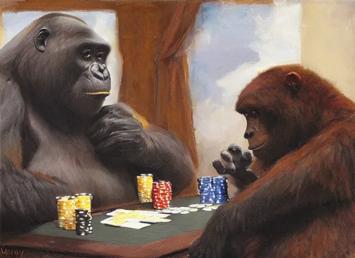 Image similar to gorrila with a bear, playing poker, bear!!, highly detailed beautiful, by gregory manchess, james gurney, james jean