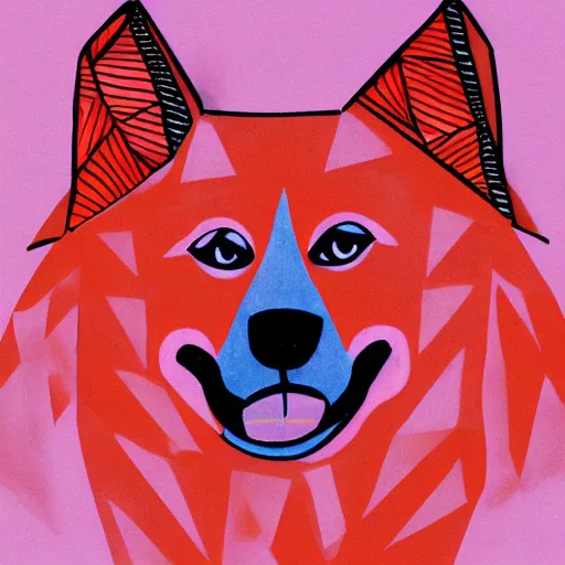 Prompt: A red-pink-orange wolf-child drawn from circles and triangles