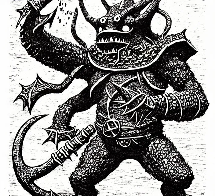 Image similar to an octorok from legend of zelda as a d & d monster, pen - and - ink illustration, etching, by russ nicholson, david a trampier, larry elmore, 1 9 8 1, hq scan, intricate details, high contrast, no background