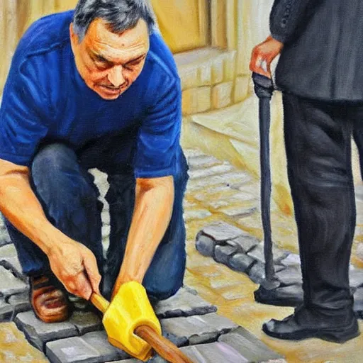 Image similar to viktor orban laying bricks, oil painting