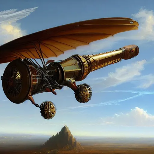 Prompt: a steam punk fantasy flying vehicle, matte painting, by thomas Cole, James Gurney, Craig mullins, RHADS, Trending on Artstation