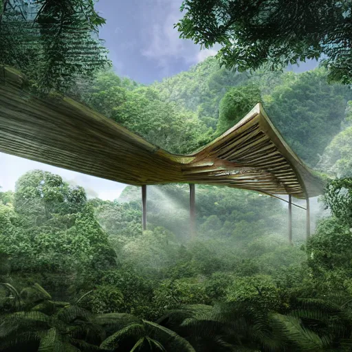 Image similar to timber megastructure in the middle of the jungle, concept art